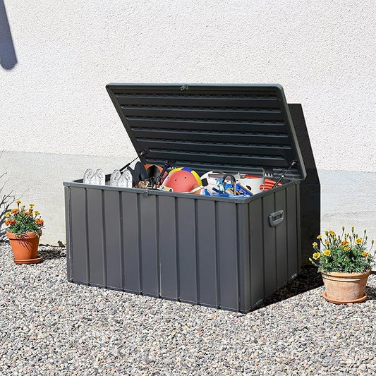 Domi Outdoor Deck Box 100 Gallon, Waterproof Lockable Steel Outdoor Storage Container for Outside Cushions, Garden Tools and Pools Equipment (Gray)