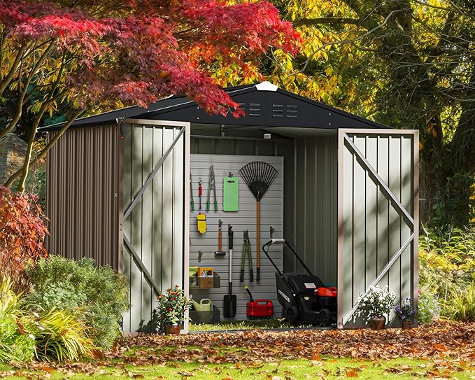 Greesum Outdoor Storage Shed 6 x 8 ft. Utility Tool Shed Metal Storage Garden Shed with Door & Lock for Patio Storage, Brown