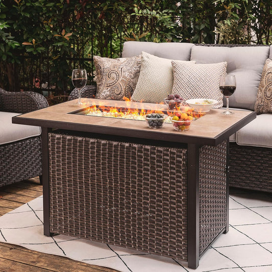 Nuu Garden Propane Fire Pit Table, CSA Certified 43 Inch 50,000 BTU Outdoor Propane Gas Fire Pit Table, Propnae Fire Pit with Ceramic Tabletop, Oxford Cover, 7 lbs Glass Stone, Dark Brown and Coffee