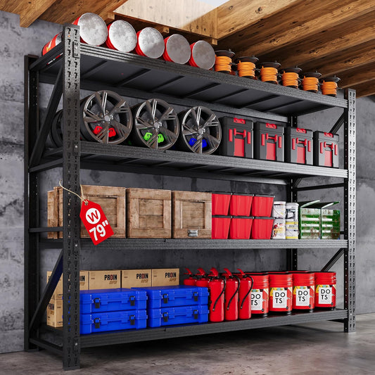 79” W Garage Shelving Heavy Duty, 7000LBS Metal Storage Shelves, 4 Tier Storage Rack Shelf, Steel Industrial Shelving, Adjustable Standing Shelf for Basement/Warehouse 79" W x 24" D x 79" H, Black