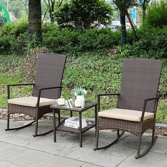 Outdoor Rocking Chair 3 Pieces High-Backed Rocking Chair Outdoor Patio Rocking Chairs Outdoor Table, Khaki