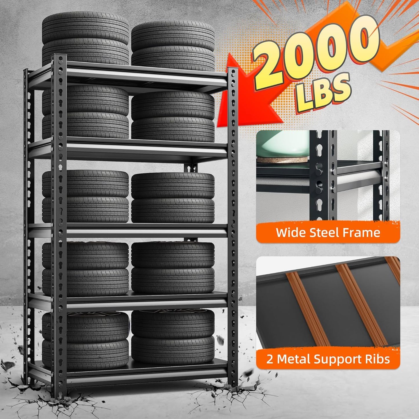 REIBII Storage Shelves, 2000LBS Garage Shelving Heavy Duty, 5 Tier Adjustable Metal Shelving for Garage, Warehouse, Pantry, Kitchen, Basement, 12" D x 27.5" W x 60" H, Black, 2Pack