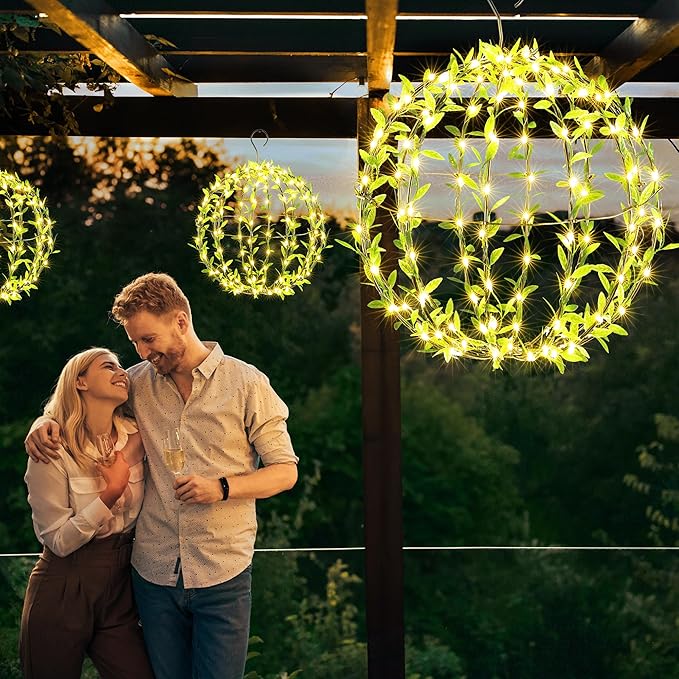 Joomer Solar Hanging Lights Outdoor, 2 Pack 12in 120 LED Solar Globe Lights, 8 Modes Waterproof Foldable Metal Sphere Light with Hook for Garden Yard Porch Decor-Warm White (Ball with Green Leaf)