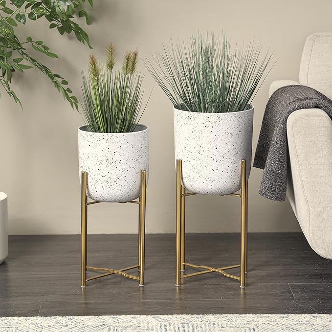 Deco 79 Metal Indoor Outdoor Planter Deep Dome Speckled Large Planter Pot with Gold Stands, Set of 2 Planters 22", 19"H, White