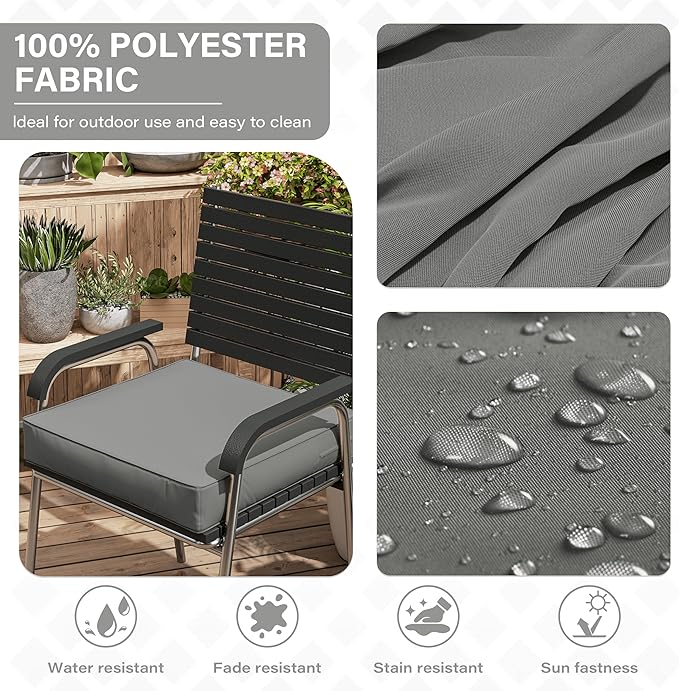 Patio Chair Cushions 22 X 22 X 4 Inch Waterproof Outdoor Seat Cushions for Patio Furniture, Outdoor Sofa Couch Pads with Ties & Handle, Set of 2, Light Grey
