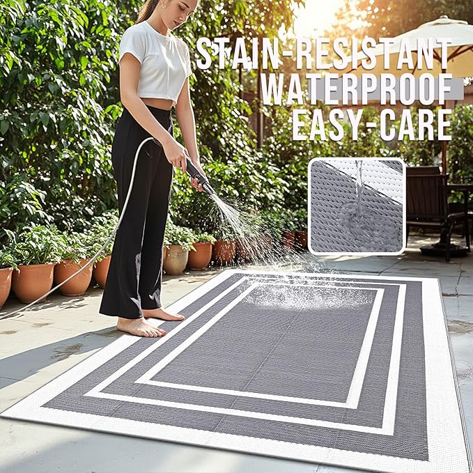 OLANLY Outdoor Rug 5x8 ft Waterproof, Reversible Outdoor Plastic Straw Rug, RV Mat, Indoor Outdoor Carpet Clearance for Patio, Camping, Balcony, Deck, Backyard, Grey & White