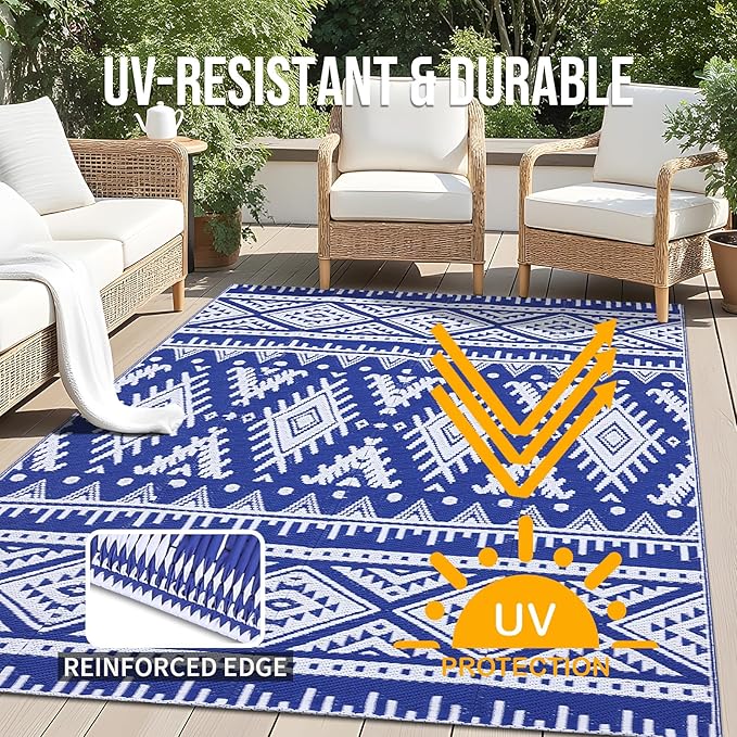 OLANLY Outdoor Rug Waterproof 5x8 ft, Reversible Outdoor Plastic Straw Rug, Boho Patio Rug, Indoor Outdoor Carpet, RV Mat Outside for Patio, Camp, Picnic, Balcony, Deck, Backyard, Blue & White
