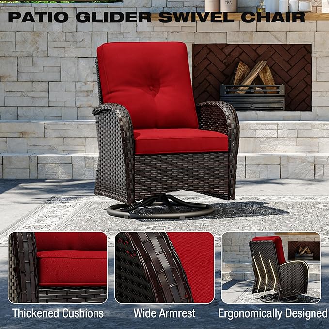 Joyside 5 Piece Patio Furniture Set, Outdoor Swivel Chair Sets with Thick Cushion and Ottoman, Wicker Patio Conversation Set for Porch, Deck Use (Brown/Red, 5 PCS)