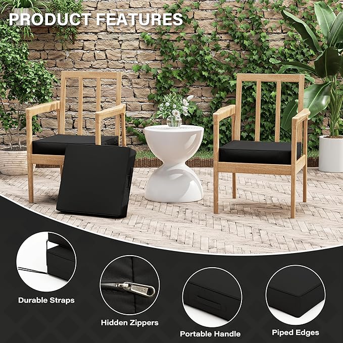Patio Chair Cushions 17 X 16 X 3 Inch Waterproof Outdoor Seat Cushions for Patio Furniture, Outdoor Sofa Couch Pads with Ties & Handle, Set of 2, Black