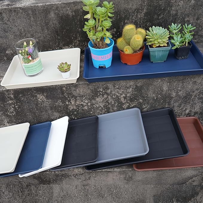 4 Pack Plant Saucer Tray Rectangular, Plant Saucers for Indoors, Heavy Sturdy Plastic Plant Drainage Trays, Plant Drip Trays for Pots, Seed Starter Growing Tray (11 x 9 inch, Blue)