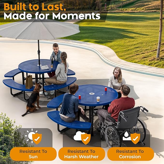 Metal Picnic Tables for Outdoors with Umbrella Hole - Coated Steel Heavy Duty Commercial Grade Table with Adjustable Seats (Blue, 46 in, Round, Punched Steel)