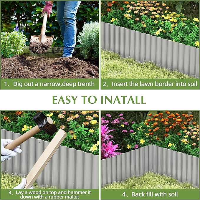 Metal Garden Edging Border, Corrugated Steel Landscaping, DIY for Lawn (Silver, 12 Inch x 20FT)