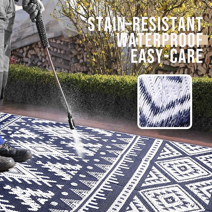 OLANLY Outdoor Rug Waterproof 8x10 ft, Reversible Outdoor Plastic Straw Rug, Boho Patio Rug, Indoor Outdoor Carpet, RV Mat Outside for Patio, Camp, Picnic, Balcony, Deck, Backyard, Navy & White