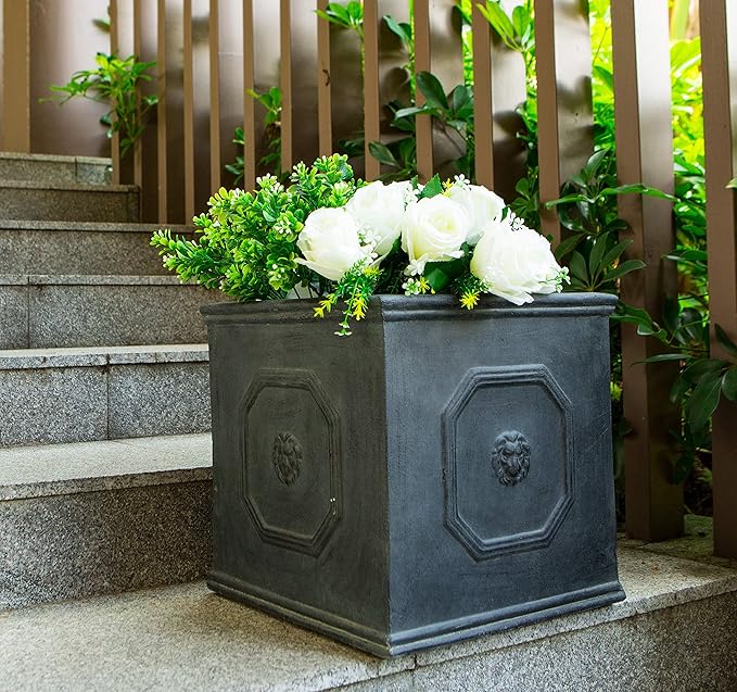 Kante Square Lion Head Concrete Planter, Classic English Style Plant Pot with Drainage Hole and Rubber Plug for Indoor Outdoor Garden Patio Home, 12.6"x12.6"x12.6" Antique Gray
