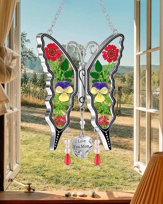 KY&BOSAM I Love You Mom Butterfly Suncatcher for Window Gift for Mom Pressed Flower Between Wings in Glass Metal Engraved Charm Gift for Women Mother's Day Valentine's Birthday Thanksgiving Christmas