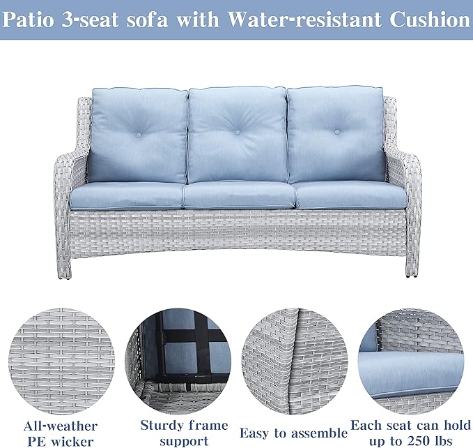 Wicker Patio Furniture Sets - 13 Piece Outdoor Rattan Furniture Conversation Sets with 4 Swivel Rocker Chairs, 2 Rattan Sofas, Wicker Ottomans and Coffee Table, Light Grey/Baby Blue