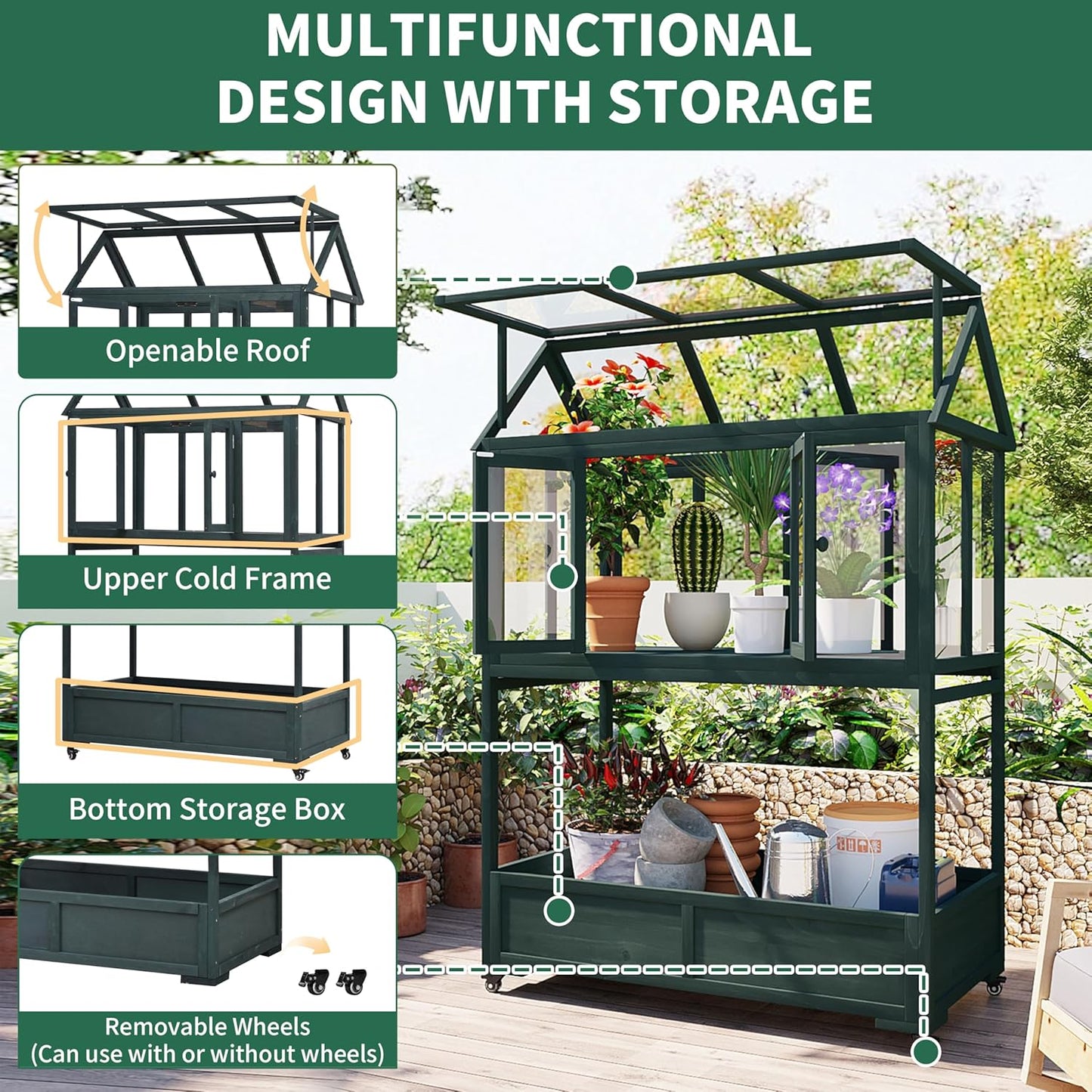 62" Wooden Greenhouse with Wheels - Adjustable Shelves Portable Cold Frame for Balcony/Patio, UV-Resistant Indoor Outdoor Plant Growing Cabinet (Large, Heavy-Duty) (Green)