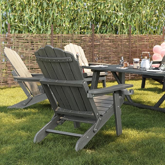 Adjustable Backrest Folding Adirondack Chair with Ottoman & 2 Cup Holders, HIPS Weather Resistant Adirondack Chair, Outdoor Fire Pit Chair for Beach, Pool, Deck, Porch, Yard, Lawn, Grey