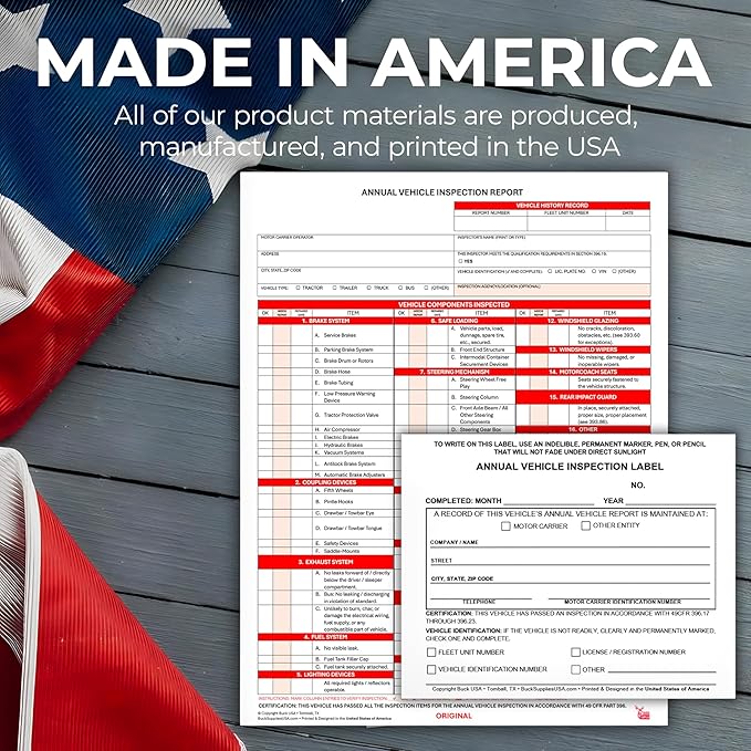 25 Pack 3-Ply Carbonless Annual Vehicle Inspection Report Forms with FMCSA 2-Ply Mylar Laminate Adhesive Vinyl Labels, DOT Inspection Forms and Stickers, Shrink-Wrapped, 8.5" x 11.75" - Made in USA
