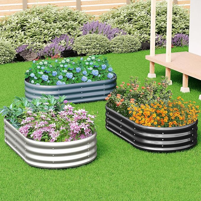zizin 2 Pack Galvanized Raised Garden Bed Metal Oval Raised Garden Beds Outdoor Planter Box for Vegetables (12x2x1FT, Silver)
