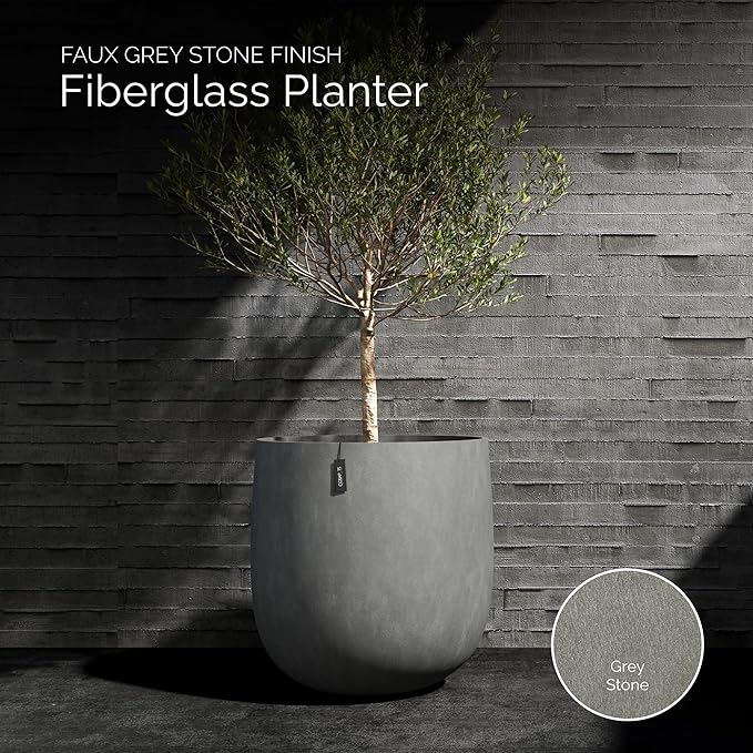 Mondo Large Planter – Grey Stone Finish – Fiberglass Indoor/Outdoor and Weather-Resistant Round Planter (26" D x 24.6" H Exterior, 24.6" D x 24" H Interior)