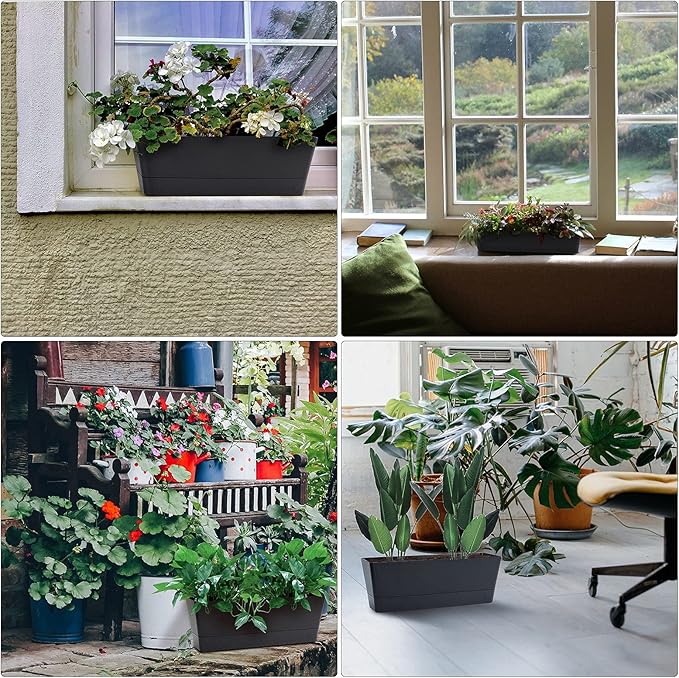GREANER 6 Pack Herb Planters, 12x3.8 Inch Black Rectangle Window Boxes with Tray, Indoor Succulent Cactus Mint Plastic Pot for Windowsill, Balcony, Office, Outdoor Garden