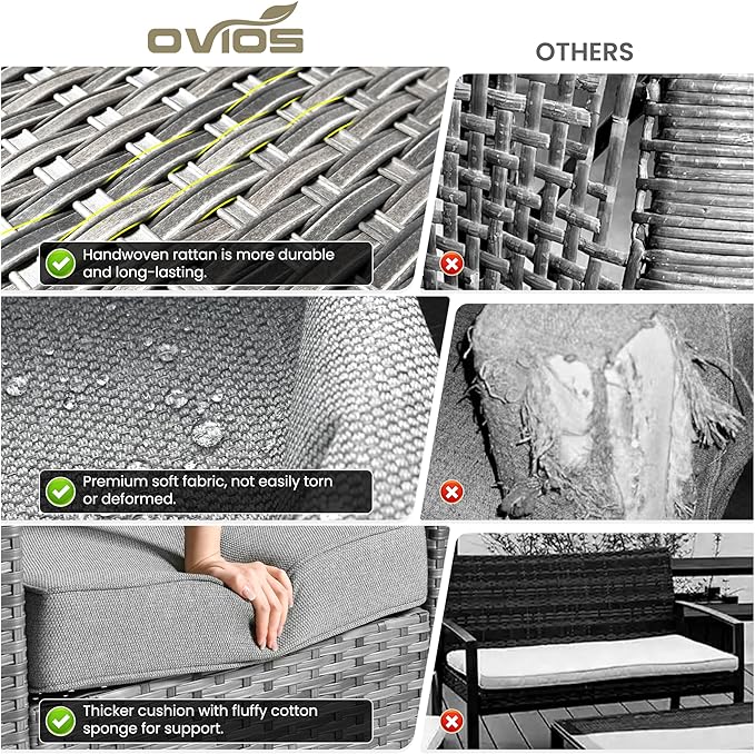 ovios 8 Pieces Patio Furniture Set with 54" Fire Pit Table, Outdoor Wicker Sofa with Comfy Cushions, All Weather High Back Rattan Couch Conversation Set, Dark Grey