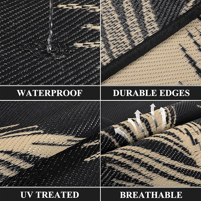 Pauwer Waterproof Outdoor Rug 6x9, Reversible Plastic Straw Patio Camping Rug, Indoor Outdoor RV Mat Carpet for Deck, Camper, Porch, Balcony, Backyard, Picnic, Leaf Black Brown