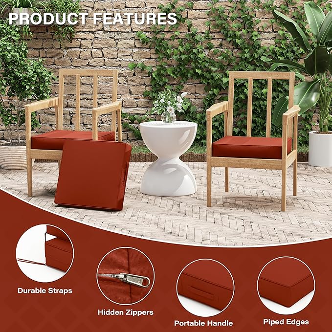 Patio Chair Cushions 17 X 16 X 3 Inch Waterproof Outdoor Seat Cushions for Patio Furniture, Outdoor Sofa Couch Pads with Ties & Handle, Set of 2, Terra Red
