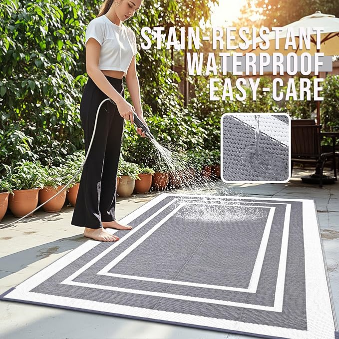 OLANLY Outdoor Rug 6x9 ft Waterproof, Reversible Outdoor Plastic Straw Rug, RV Mat, Indoor Outdoor Carpet Clearance for Patio, Camping, Balcony, Deck, Backyard, Grey & White