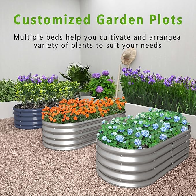 KFN 2PCS 8x1.8x1FT Galvanized Raised Garden Bed,Raised Garden Bed Kit-Oval Metal Vegetable Box,Large Planter Flower Boxes Outdoor,Planting for Vegetables,Flower,Herb,Sliver,0.7mm