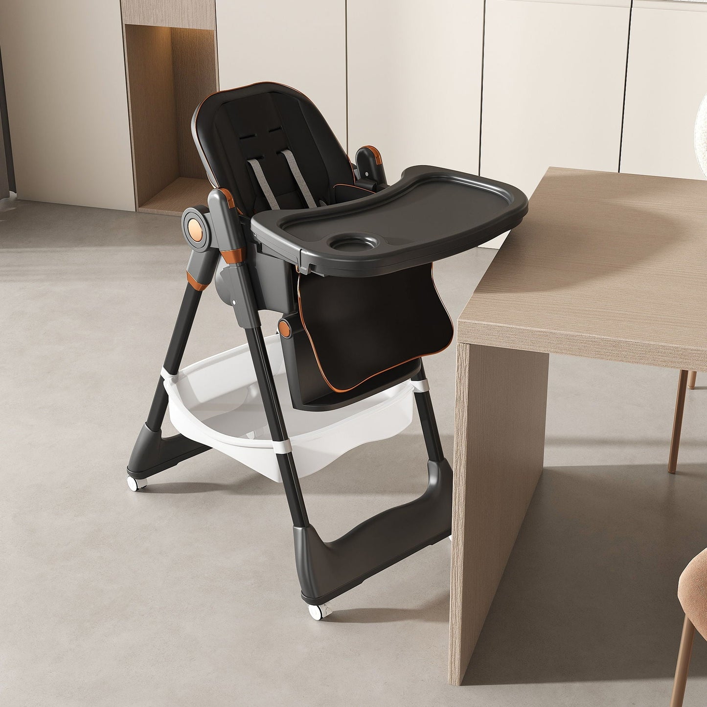 Adjustable Baby High Chair 0-6 Years, Portable Infant Feeding Seat With Safety Belt, Silent Lockable Wheels