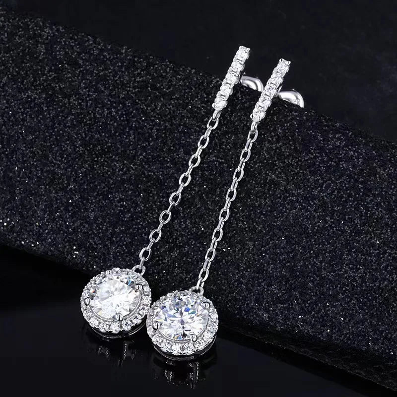 925 Sterling Silver 1Ct Moissanite Round Drop Tassel Earrings For Women