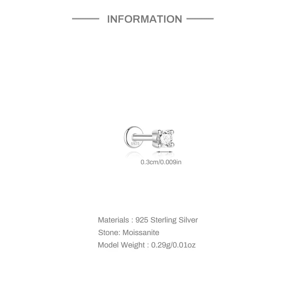 925 Sterling Silver Mini Moissanite Four-Claw Screw Stud Earrings For Women