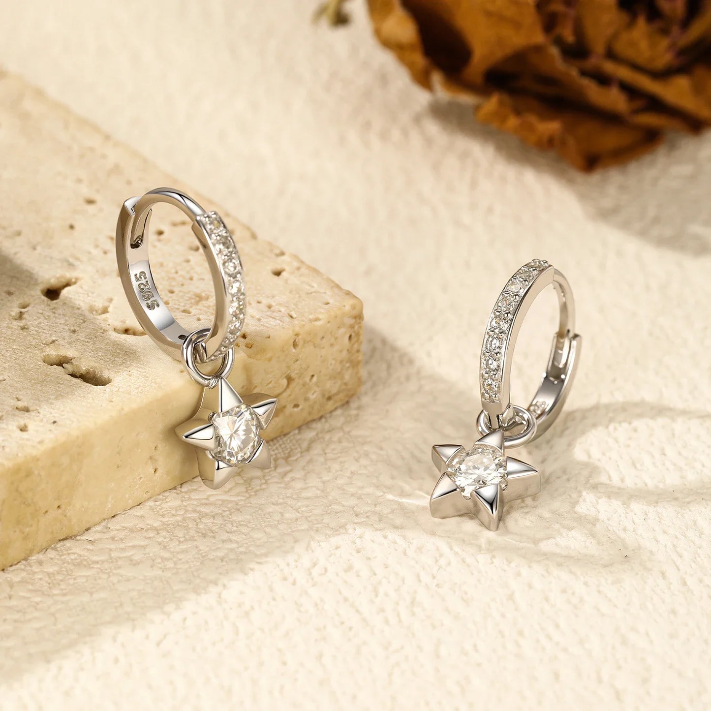 925 Sterling Silver Moissanite Star Hoop Earrings D Color Shiny For Women