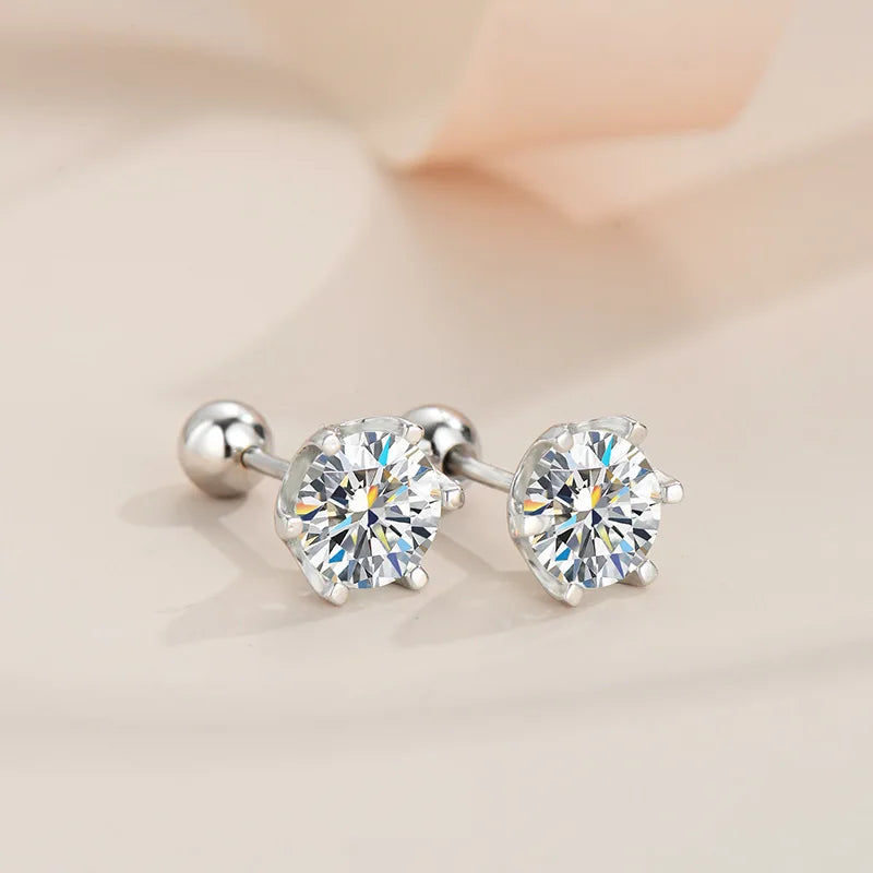 925 Sterling Silver Moissanite Stud Earrings 0.5-1ct Pair 6-Claw Screw Back