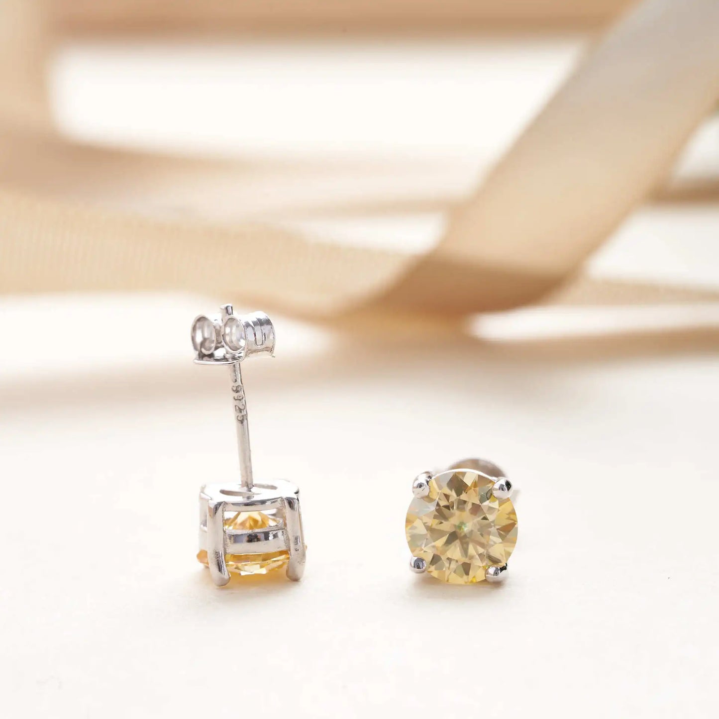 925 Sterling Silver Moissanite Stud Earrings 0.5-1Ct VVS1 Light Yellow