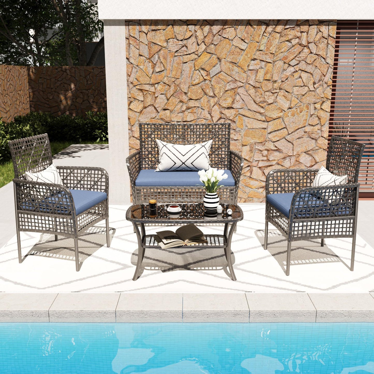 4 Pieces Rattan Wicker Chairs With Tempered Glass Table And Cushions