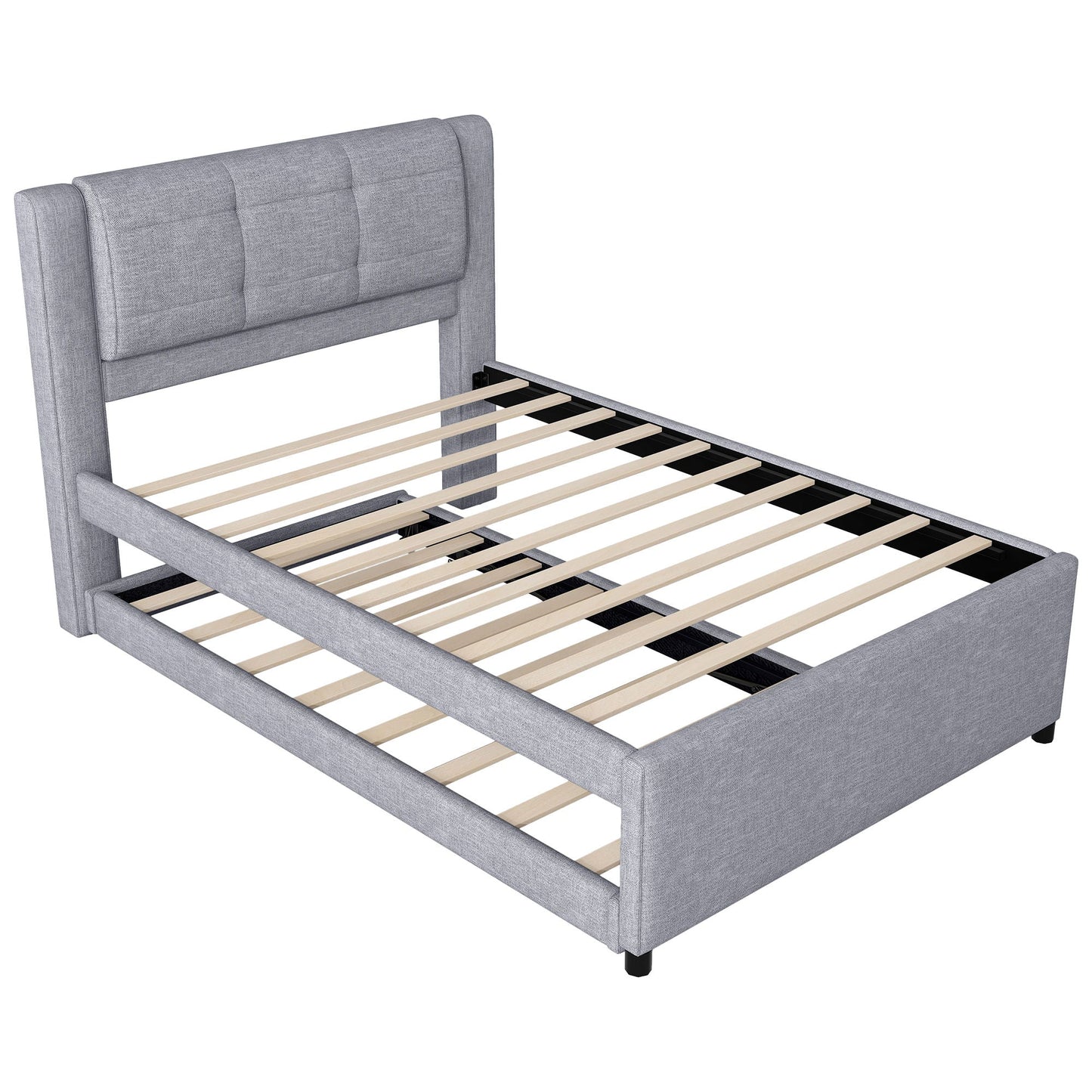 Upholstery Platform Bed With Trundle, Trundle Can Be Flat Or Erected