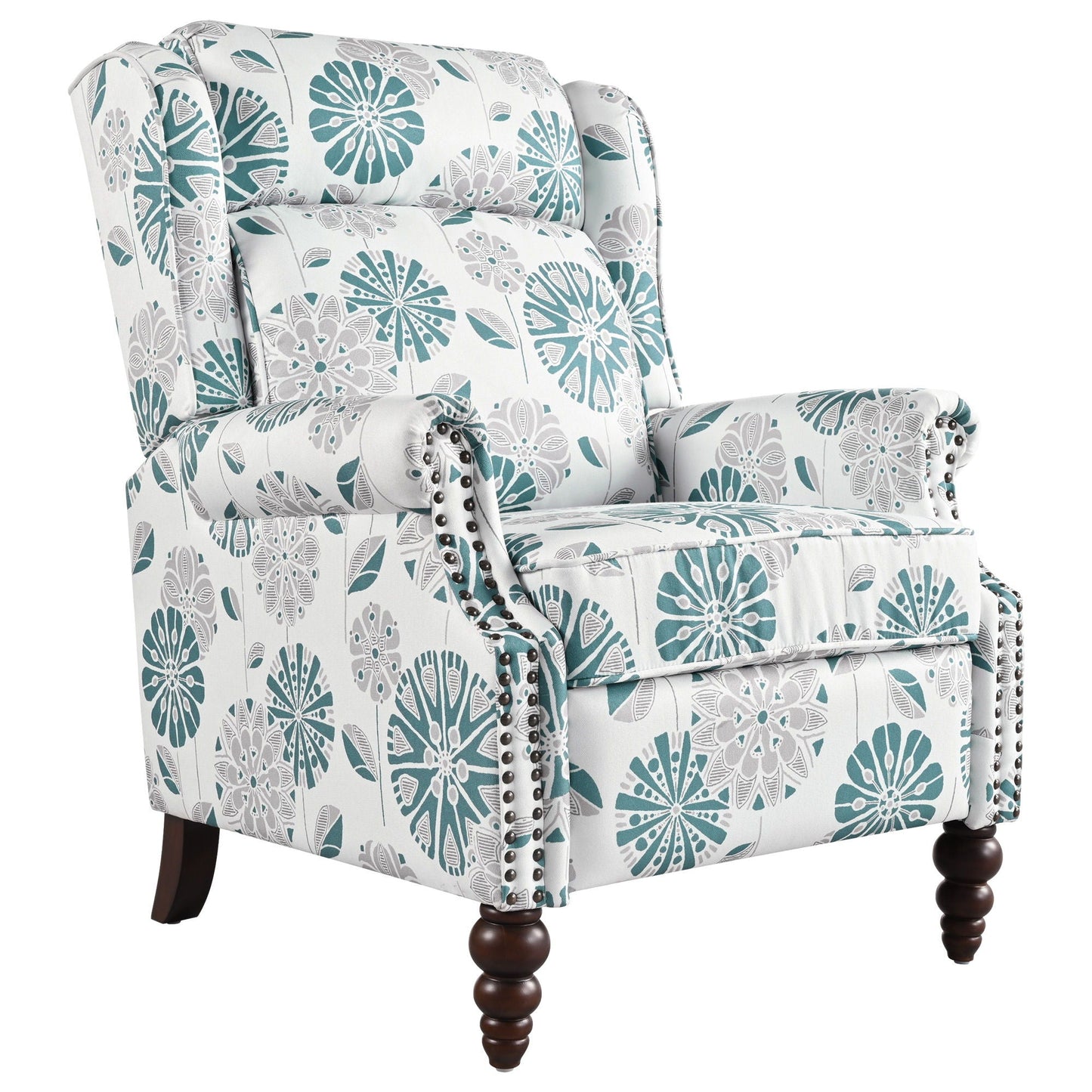 Push Back Recliner Chair Upholstered With Classic Wing Back And Solid Gourd-Shaped Legs