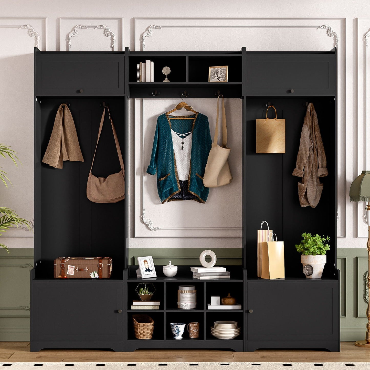 Wide Hall Tree With Shoe Storage, 4 In 1 Entryway Bench