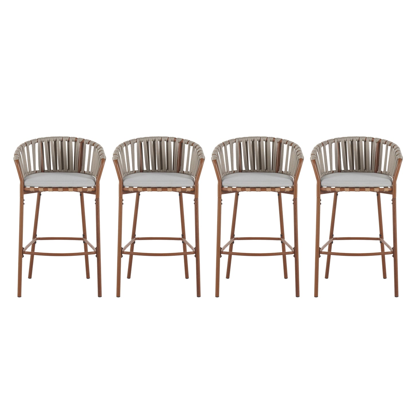 Lodi Outdoor Metal Rope Barstool, Teak Finished Frame and Beige Cushion, Set of 4