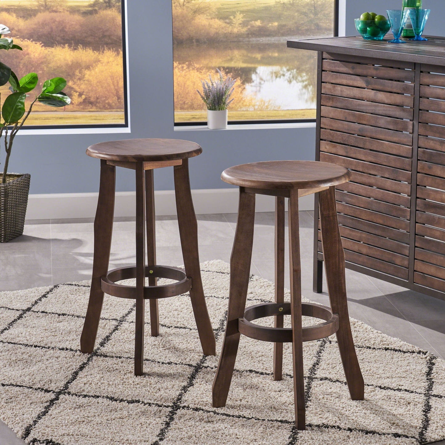 Primrose Outdoor Acacia Wood Barstools With Foot Rest (Set of 2) - Dark Brown