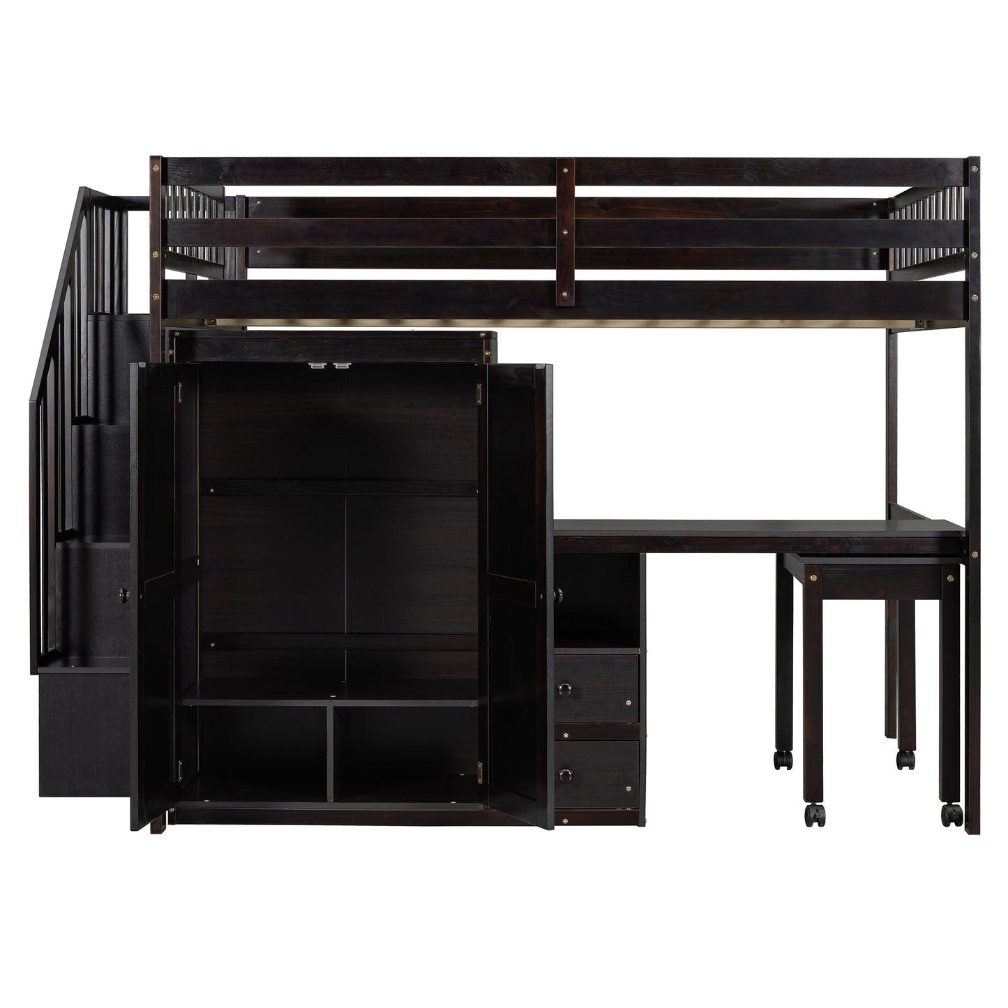 Loft Bed With Stairs, Bookshelf, Drawers, Desk & Wardrobe, Space Saving Multifunctional Furniture