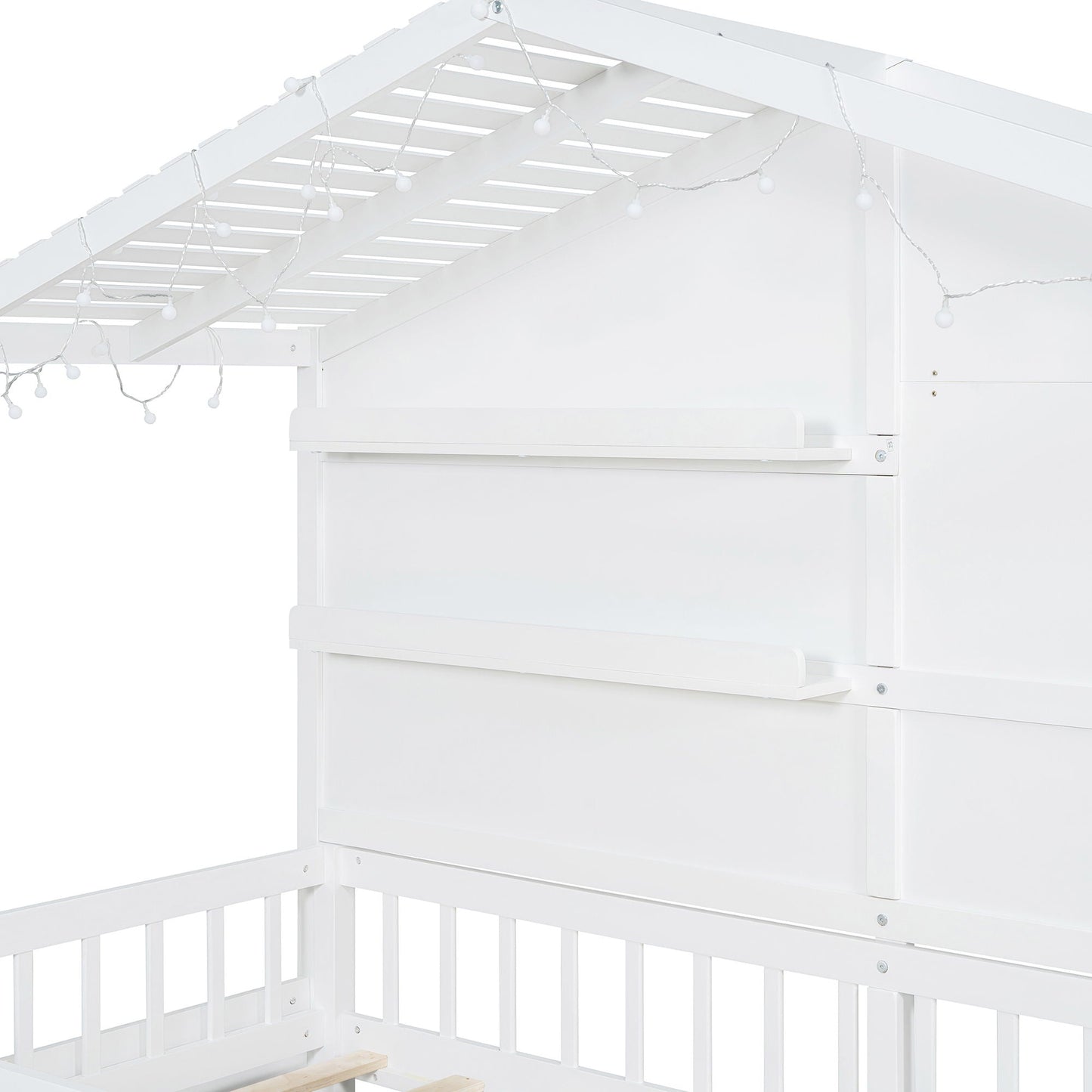 House Bed With Shelves, Window And Sparkling Light Strip On The Roof
