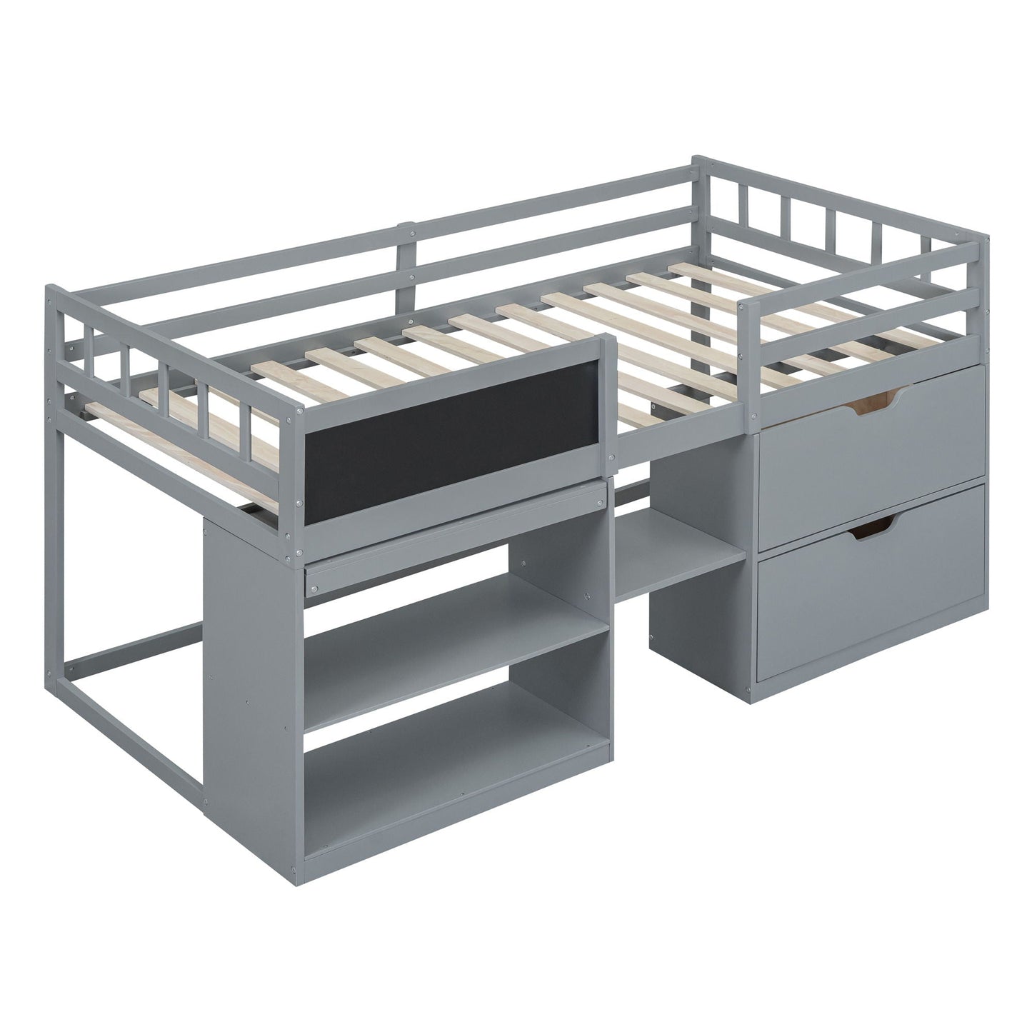 Low Loft Bed With Rolling Desk, Shelf And Drawers