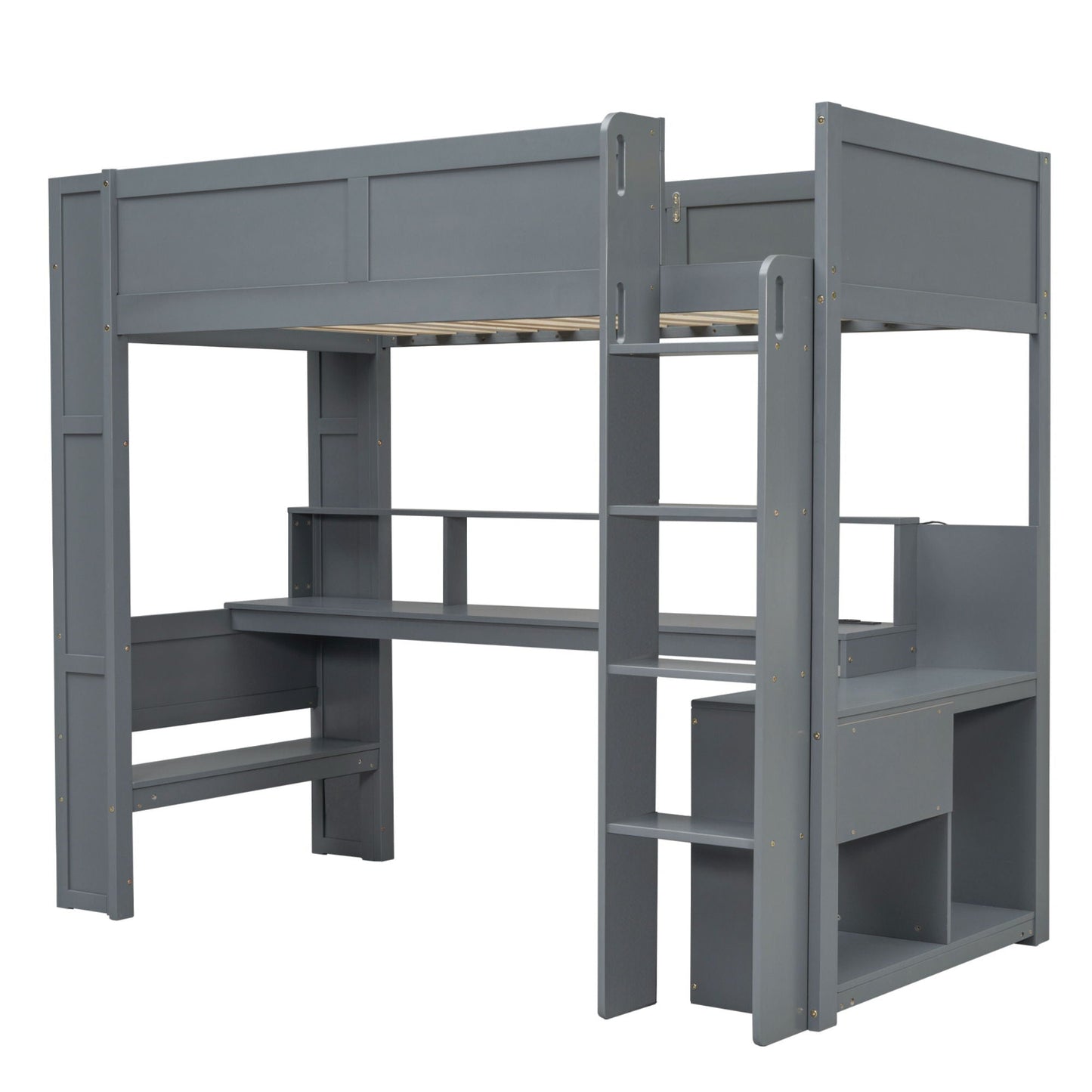 Gaming Loft Bed With Desk, Multi Storage Shelves, LED And Charging Station