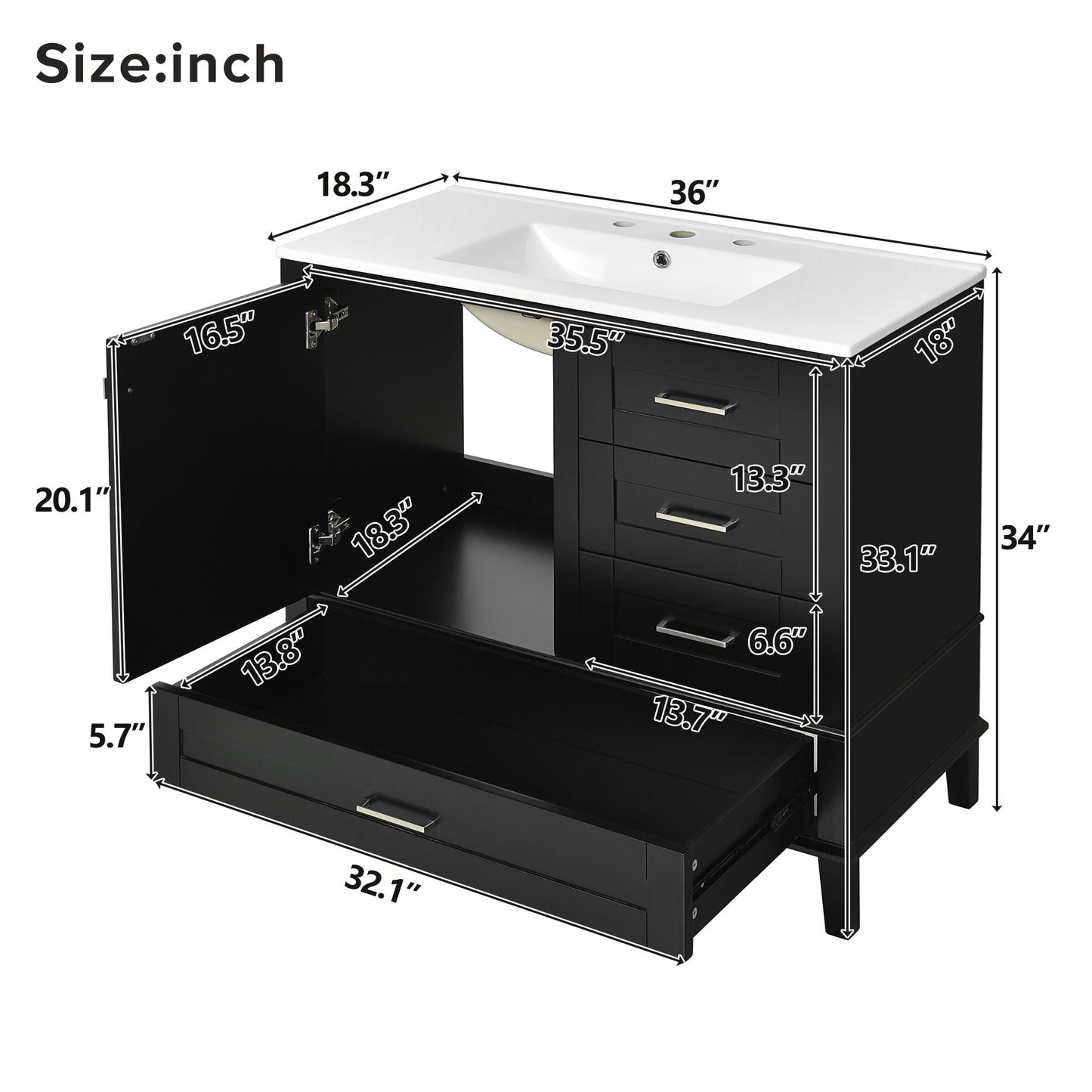 Bathroom Vanity, Modern Bathroom Cabinet With Sink Combo Set, Bathroom Storage Cabinet With A Soft Closing Door And 3 Drawers, Solid Wood Frame