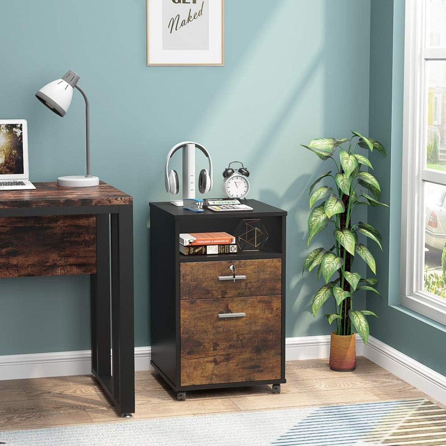 2 Drawer Mobile File Cabinet With Lock, Rolling Printer Stand For Letter Size Files - Black / Brown
