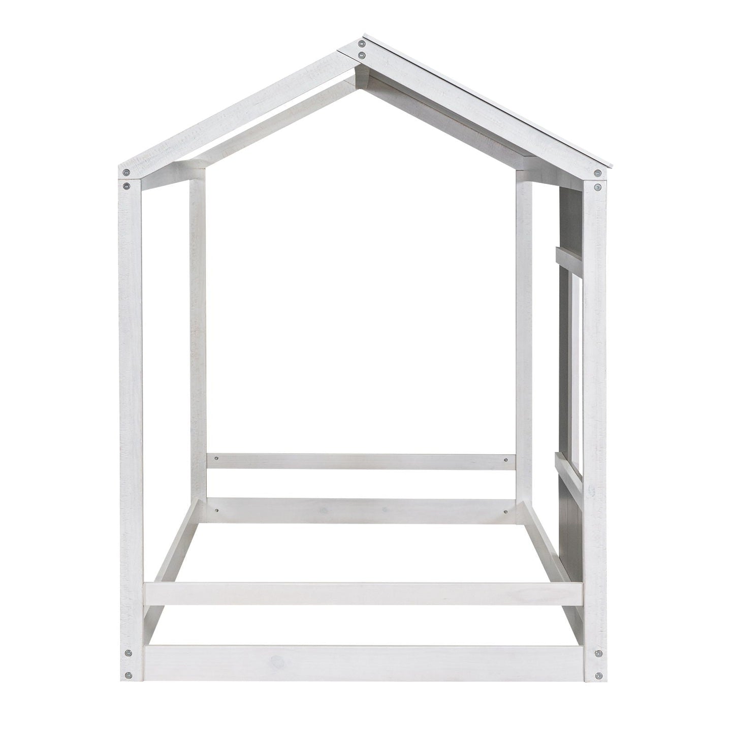 Twin Size House Platform Bed With Roof And Window - Natural / White